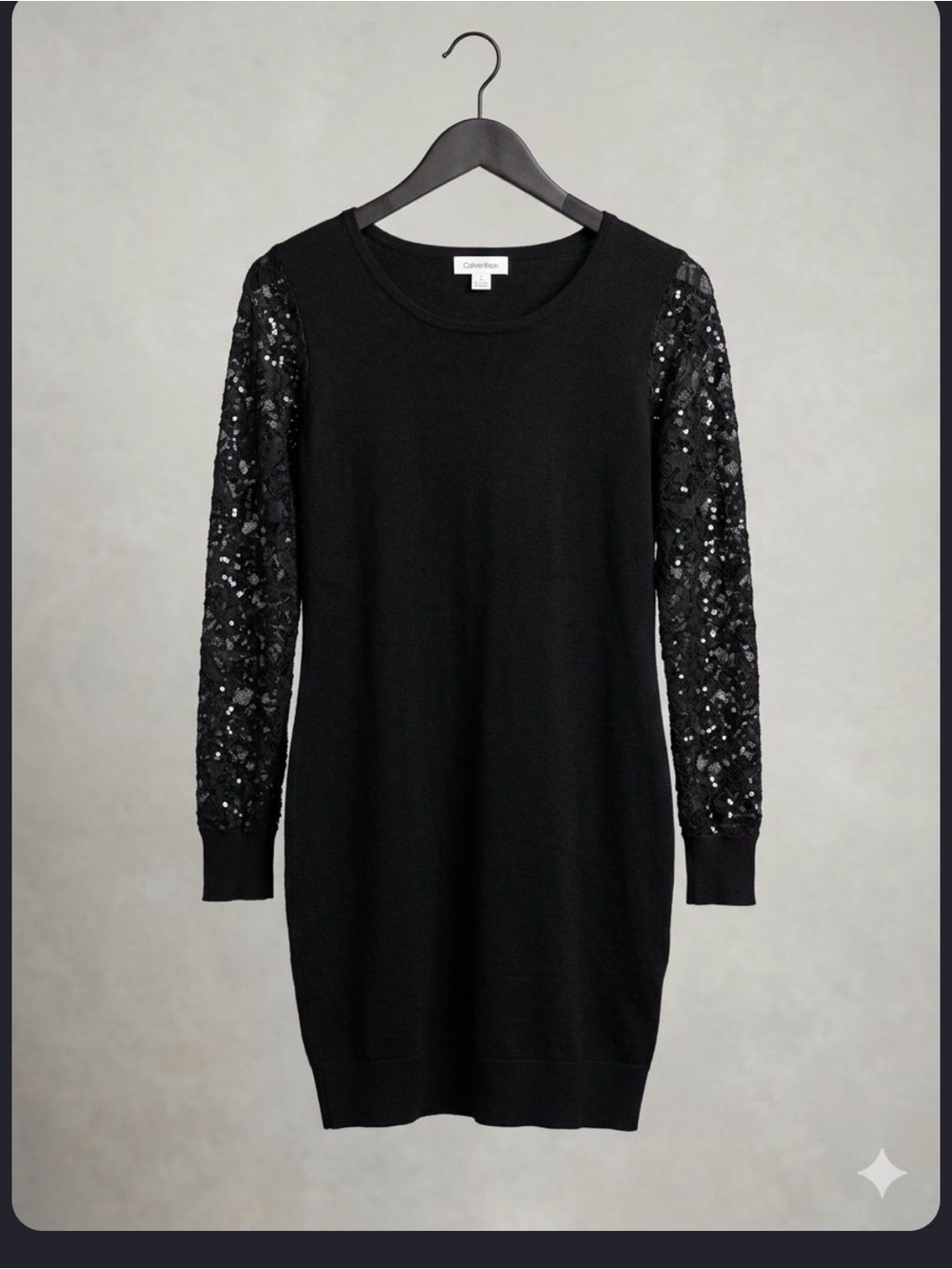 Calvin Klein Black Knit Dress with Sequin Lace Sleeves